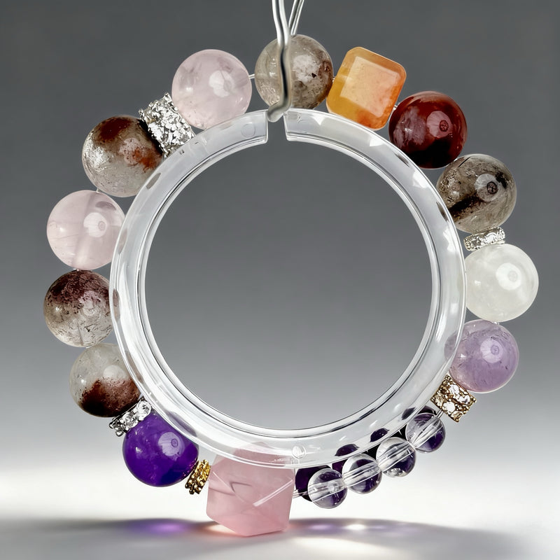 Handcrafted clear quartz, amethyst, rose quartz, red agate, yellow agate, and phantom quartz crystal bracelet on a clear background, created to support emotional release, healing, and personal liberation.