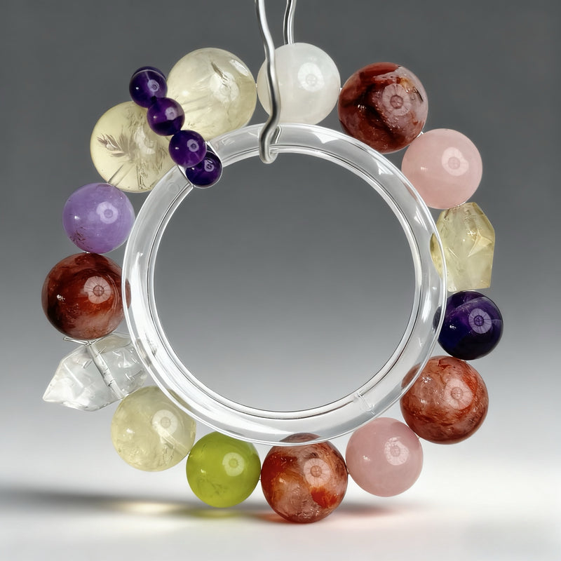 Handcrafted citrine, amethyst, green aventurine, clear quartz, and red agate crystal bracelet on a clear background, created to support vitality, balance, and calm.
